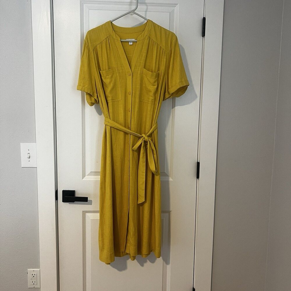 J.Jill Yellow Belted Midi Shirt Dress Women’s L Office Teacher Classic Career